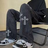 Hearujoy Vintage Men's Straight Jeans Cross Embroidery Casual Jeans Denim Loose Hip Hop Four Seasons Fashion Streetwear Pants Black Blue